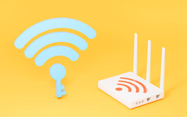 istock Wifi and router in the yellow background, 3d rendering. 1403929686