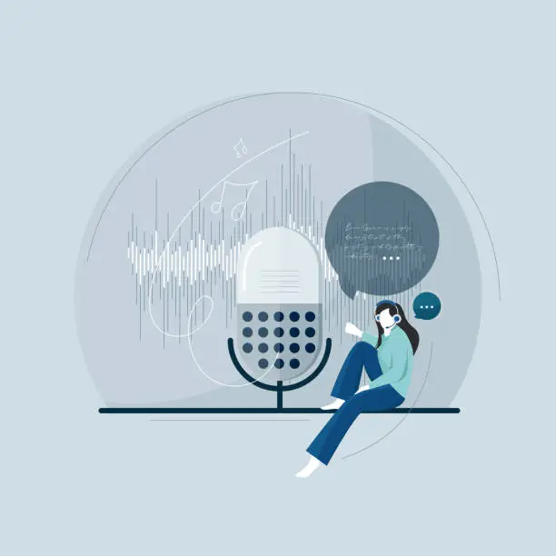 Vector illustration of Recording studio with broadcast technology, live on air radio, podcast microphone element