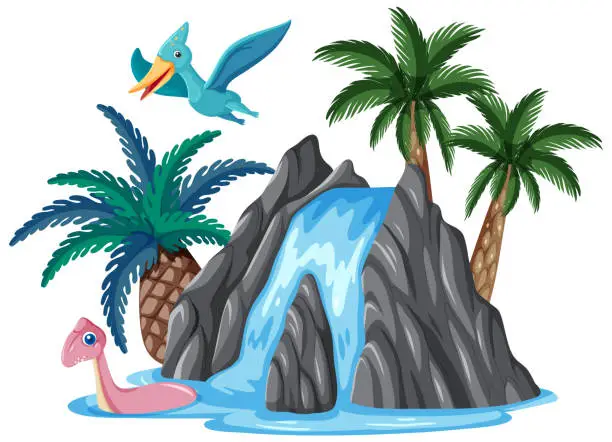 Vector illustration of Waterfall with dinosaur in cartoon style