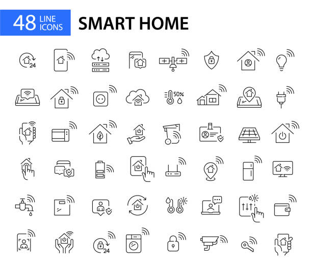 Smart home icons mega set. Pixel perfect, editable stroke line art Smart home icons mega set. Pixel perfect, editable stroke line art in the middle of nowhere stock illustrations