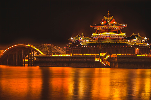 Ancient Temple Night Reflection Bridge Jinming Lake Kaifeng Henan China  Kaifeng was the capital of the Song Dynasty, 1000 to 1100AD.