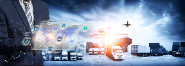 istock Smart logistics and transportation. Concept, Businessman use tablet and analyzing on logistic global network distribution on world map background 1403937233