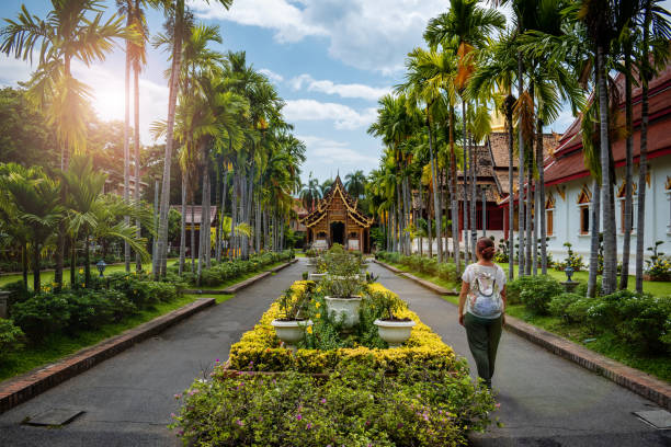 Tourist walking towards thai temple in Chiang Mai. Thai architecture. Tourist walking towards thai temple in Chiang Mai. Young woman on vacation in Thailand. Thai temple thailand king stock pictures, royalty-free photos & images