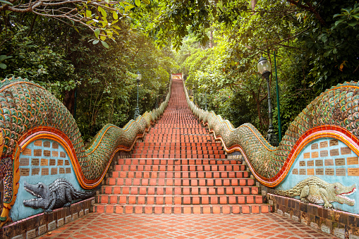 Selective focus. Stairs of Doi Suthep Temple, Chiang Mia, Thailand. Empty stairs of Doi Suthep temple