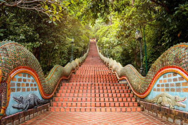 Stairs of Doi Suthep Temple, Chiang Mia, Thailand. Selective focus. Stairs of Doi Suthep Temple, Chiang Mia, Thailand. Empty stairs of Doi Suthep temple wat stock pictures, royalty-free photos & images