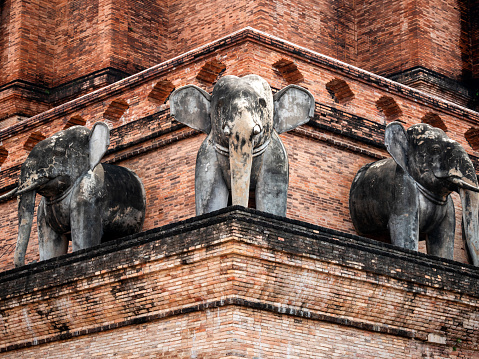 Selective focus. Stone elephant in Wat Chedi Luang temple, Chiang Mai, Thailand. Stone elephant