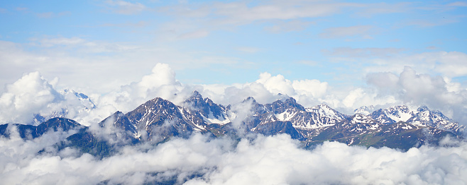 Aerial panoramic view of Snowy Nordkette mountain of Innsbruck, Austria.
