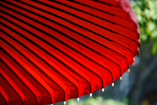 a red japanese umbrella on a green garden background.