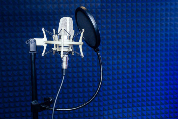 istock Microphone and headphone in a recording studio soundproof wall. 1403940992