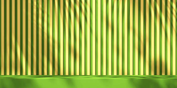 3D green and yellow product podium display with orange background and tree shadow,summer product mockup background,3D render illustration