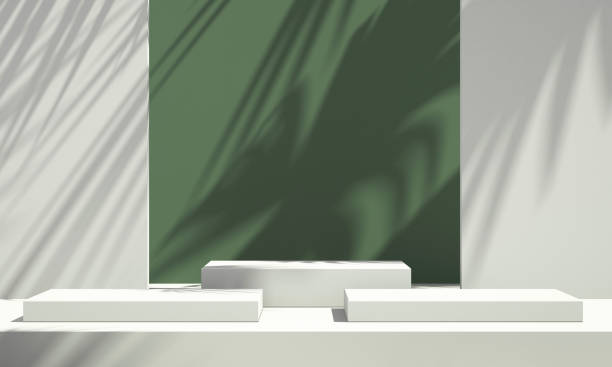 istock 3D green product podium display with green and white background and tree shadow,summer product mockup background,3D render illustration 1403943165