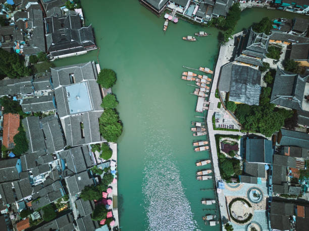 View of the famous travel destination Zhujiajiao town. Aerial view of ancient Zhujiajiao town in Shanghai, China. Zhujiajiao stock pictures, royalty-free photos & images