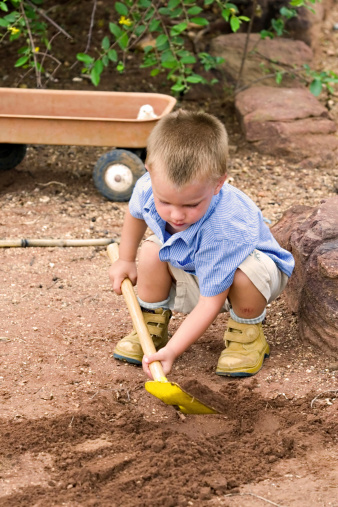 toddler playing in the sand with shovel and cart