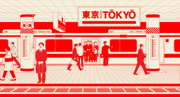 ilustraciones, imágenes clip art, dibujos animados e iconos de stock de japón, tokio, plataforma de la estación de ferrocarril ocupada en la ciudad con los viajeros abordando el tren. - manga