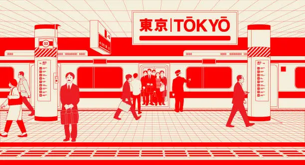 Vector illustration of Japan, Tokyo, Busy Railroad Station Platform In City with Commuters Boarding Train.