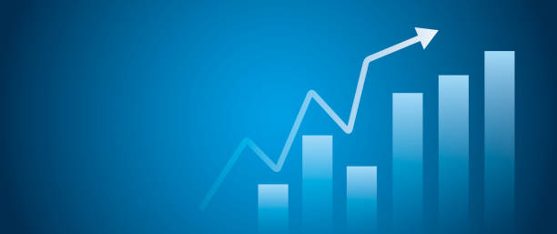 strzałka wznosząca się w górę z wykresem słupkowym na ciemnoniebieskim tle. ilustracja sukcesu biznesowego wzrostu. - aspirations target graph arrow stock illustrations
