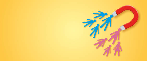 istock Magnet attracting paper women and mans on yellow wall background as metaphor for new customers. 1403947737