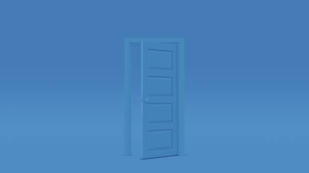 istock 3d rendering, yellow light going through the opening double door isolated on blue background. Architectural design element. Modern minimal concept. Opportunity metaphor 1403947788