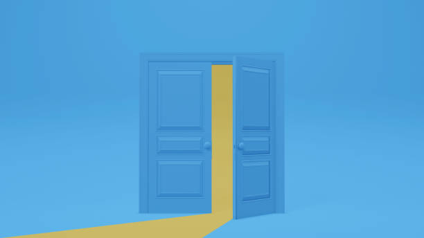 istock 3d rendering, yellow light going through the opening double door isolated on blue background. Architectural design element. Modern minimal concept. Opportunity metaphor 1403947790