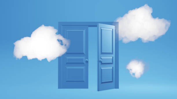 istock 3d rendering, yellow light going through the opening double door isolated on blue background. Architectural design element. Modern minimal concept. Opportunity metaphor 1403947791