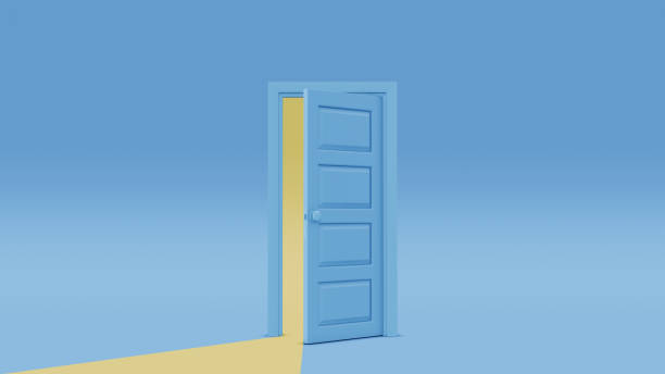istock 3d rendering, yellow light going through the opening double door isolated on blue background. Architectural design element. Modern minimal concept. Opportunity metaphor 1403947792