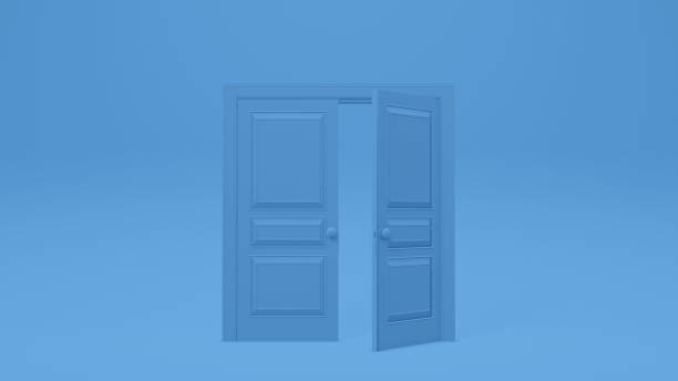 istock 3d rendering, yellow light going through the opening double door isolated on blue background. Architectural design element. Modern minimal concept. Opportunity metaphor 1403947796