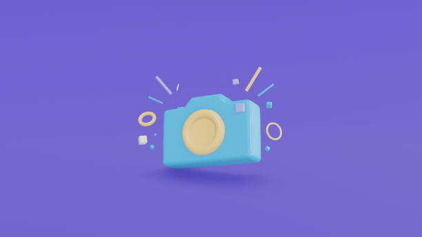 istock Minimal concept photo camera with lens and button and particle geometry on blue pastel background. 3d render 1403947827