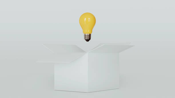 istock Yellow lightbulb inside of open white box between two close boxes on blue background for creative thinking idea concept by 3d render. 1403947833