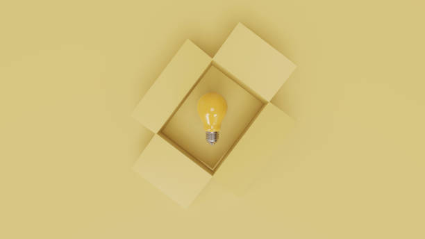 istock Yellow lightbulb inside of open light yellow box between two close boxes on blue background for creative thinking idea concept by 3d render. 1403947835
