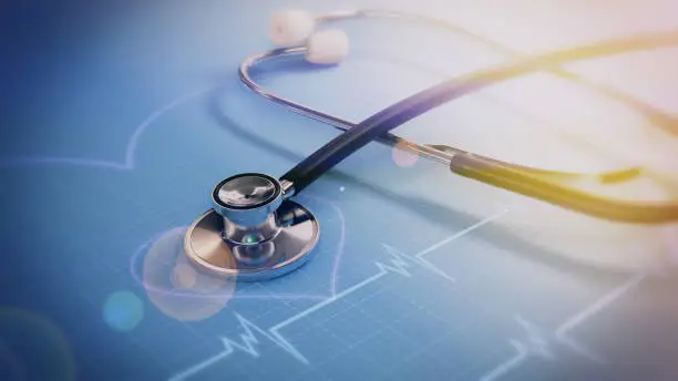 Photo of Concept medical examination and healthcare business medical, big data for healthcare analytics, stethoscope on the technology background and close up 3d render. health insurance marketing strategy