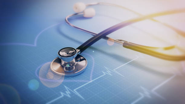 concept medical examination and healthcare business medical, big data for healthcare analytics, stethoscope on the technology background and close up 3d render. health insurance marketing strategy - stethoscope blue healthcare and medicine occupation imagens e fotografias de stock