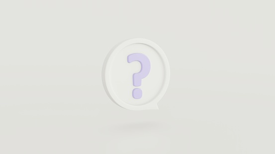 Icon blue questions mark illustration inside of light blue speech bubble on yellow background for FAQ and question and answer time by 3d render