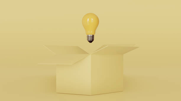 istock Yellow lightbulb inside of open light yellow box between two close boxes on blue background for creative thinking idea concept by 3d render. 1403947913