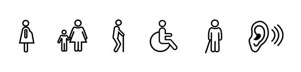 illustrazioni stock, clip art, cartoni animati e icone di tendenza di set di icone di linea per disabili, raccolta di simboli vettoriali di contorno, pacchetto di pittogrammi in stile lineare. - silhouette interface icons wheelchair icon set