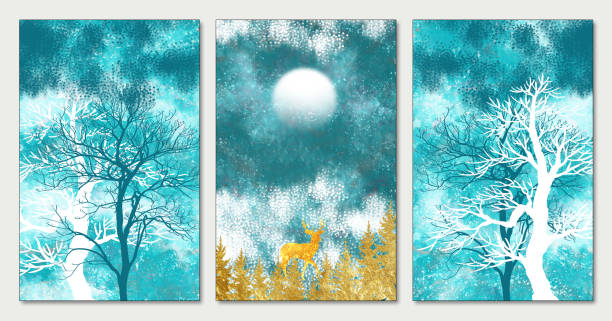 istock 3d illustration wall decor artwork frame canvas. golden. turquoise and white trees. in snowy background 1403948169