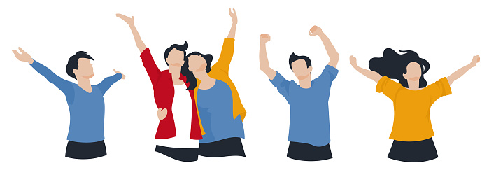 Happy people. People raised their hands up and enjoy life. Man and woman embrace. A set of characters. Vector image.