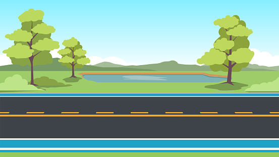 Horizontal view of Asphalt road. with bike lense. Background of trees and green grass with puddle and mountain. Under the blue sky.