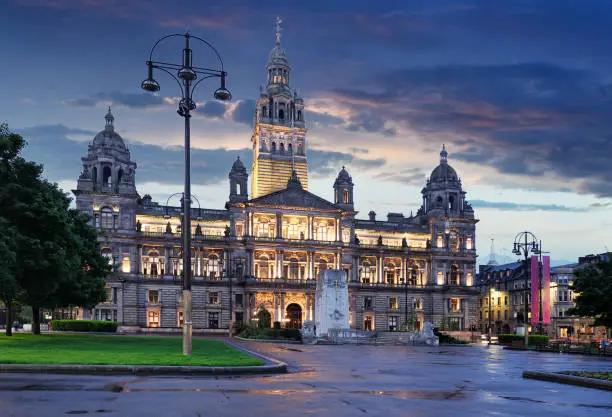 Glasgow City Chambers and George Square in Glasgow, Scotland