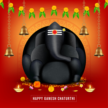 Happy ganesh chaturthi. Stone ganesha wtih flower buntings and hanging bells vector illustration