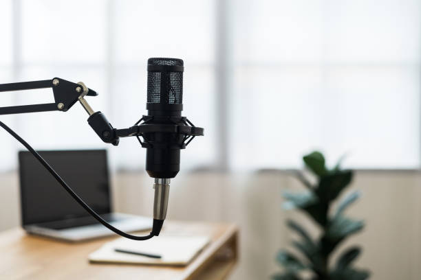 istock Condenser microphone in recording home studio. Content creator working with laptop host streaming radio podcast interview conversation at home broadcast studio recording voice over radio 1403954471