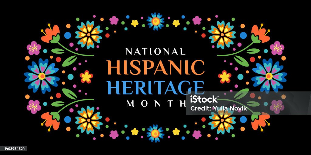 Vector web banner Hispanic heritage month. Poster, card for social media, networks. Greeting with national Hispanic heritage month text, frame, vignette with flowers on floral pattern background Vector web banner Hispanic heritage month. Poster, card for social media, networks. Greeting with national Hispanic heritage month text, frame, vignette with flowers on floral pattern background. National Hispanic Heritage Month stock vector