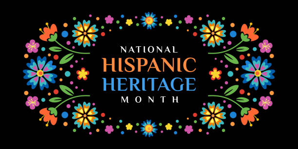 Vector web banner Hispanic heritage month. Poster, card for social media, networks. Greeting with national Hispanic heritage month text, frame, vignette with flowers on floral pattern background Vector web banner Hispanic heritage month. Poster, card for social media, networks. Greeting with national Hispanic heritage month text, frame, vignette with flowers on floral pattern background. national hispanic heritage month illustrations stock illustrations