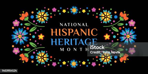 Vector Web Banner Hispanic Heritage Month Poster Card For Social Media Networks Greeting With National Hispanic Heritage Month Text Frame Vignette With Flowers On Floral Pattern Background Stock Illustration - Download Image Now