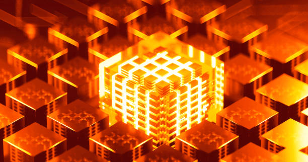 3D rendering of cyberpunk AI. Circuit board. Technology background. Central Computer Processors CPU and GPU concept. Motherboard digital chip. Tech science background.