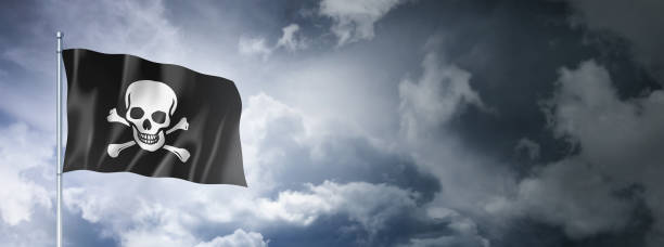 istock Pirate flag, Jolly Roger on a cloudy sky 1403955342
