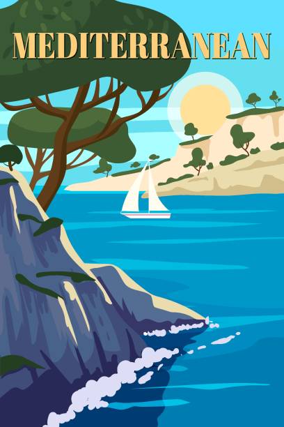 Mediterranean Poster, landscape sea vacation Europe. Mountaines, trees, harbor, sailboat, sunset. Travel holiday summer voyage. Vintage style vector illustration Mediterranean Poster, landscape sea vacation Europe. Mountaines, trees, harbor, sailboat, sunset. Travel holiday summer voyage. Vintage style vector illustration isolated romantic styles stock illustrations
