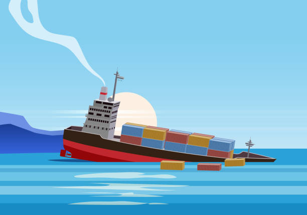 Shipwreck of cargo ship in ocean, vessel going under water and goods containers. Marine transport crash, vector Shipwreck of cargo ship in ocean, vessel going under water and goods containers. Marine transport crash, cartoon vector illustration sinking ship vector stock illustrations