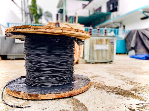 istock TR cable reels that have been used in the warehouse 1403956614