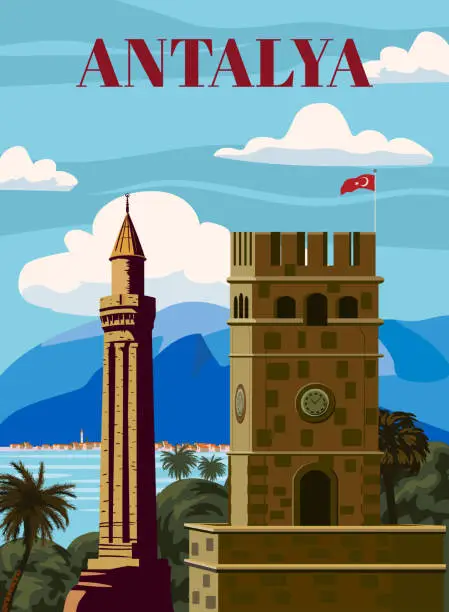 Vector illustration of Antalya retro landmark poster, Saat Kulesi Military Clock Tower, Turkey resort. Vintage touristic travel postcard, placard, vector