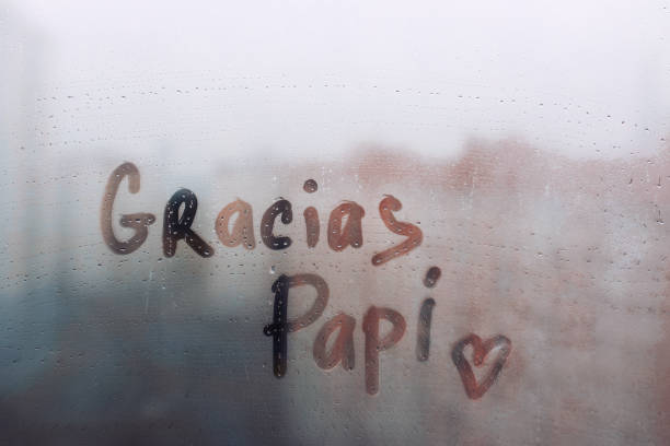 istock Handwritten lettering text Gracias Papi in spanish is Thanks Daddy in english written finger with heart shape on rainy window 1403957251